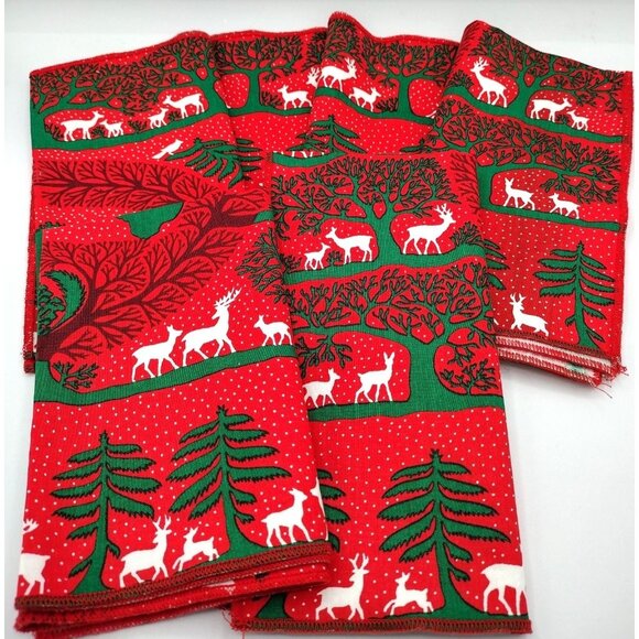 Christmas Napkins Woodland Santa Cheryl Ann Johnson 1980s Set of 6 Rustic - Picture 1 of 14